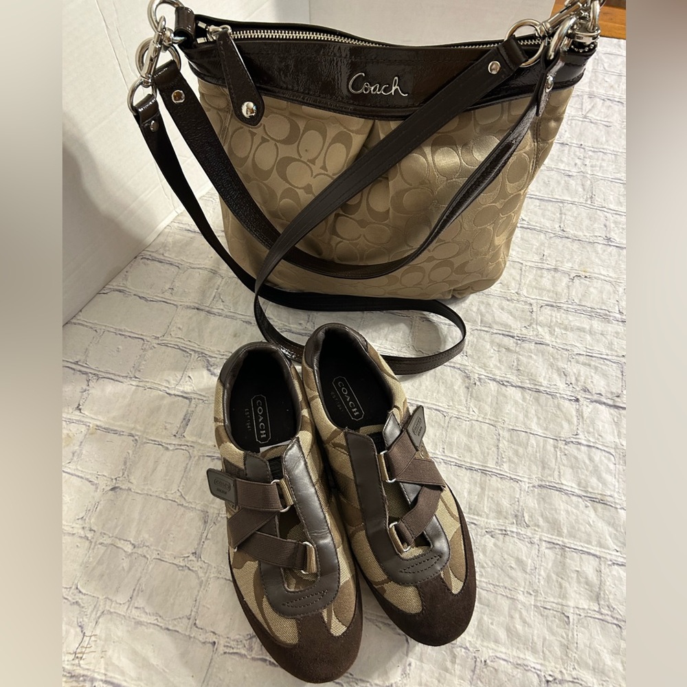 COACH TAN/BROWN ASHLEY SIGNATURE SHOULDER BAG & COACH JENNY VTG STYLE SNEAKERS